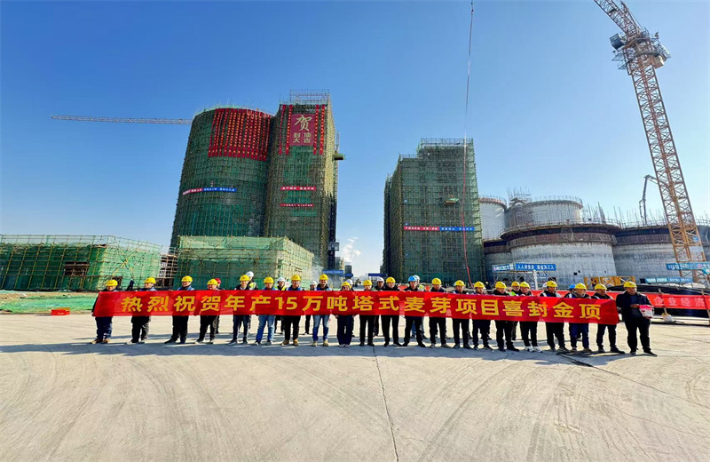 2024年12月16日，球盟会江苏公司年产15万吨高品质塔式麦芽项目发芽塔主体封顶！